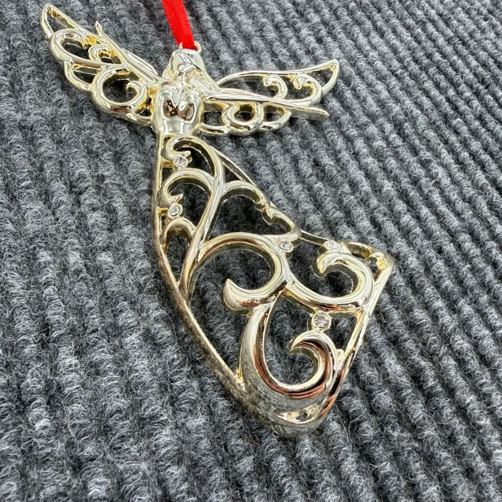 Lenox Angel Ornament Silver Tone Crystal Accents Scroll Design Red Ribbon